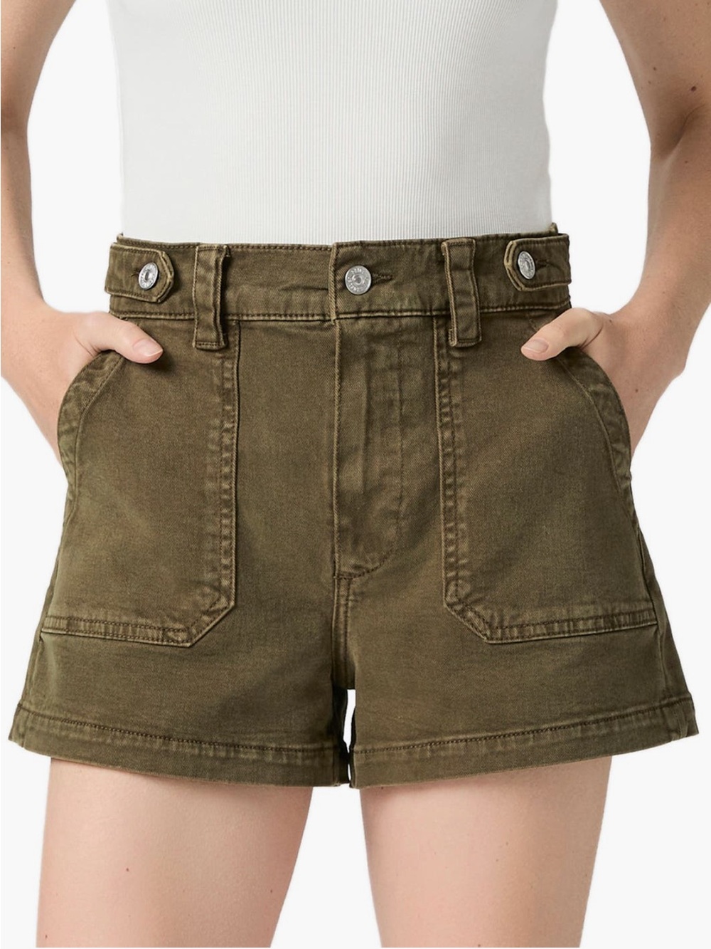 New Paige Anessa Button Tab Green Khaki Denim Shorts